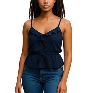 Abercrombie & Fitch Navy Crochet Ruffle Peplum Tank Jr Large Button Tie Waist